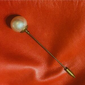 Gorgeous Vintage Midcentury Celluloid + Brass Hat Pin w/ Faux Pearl Topper
